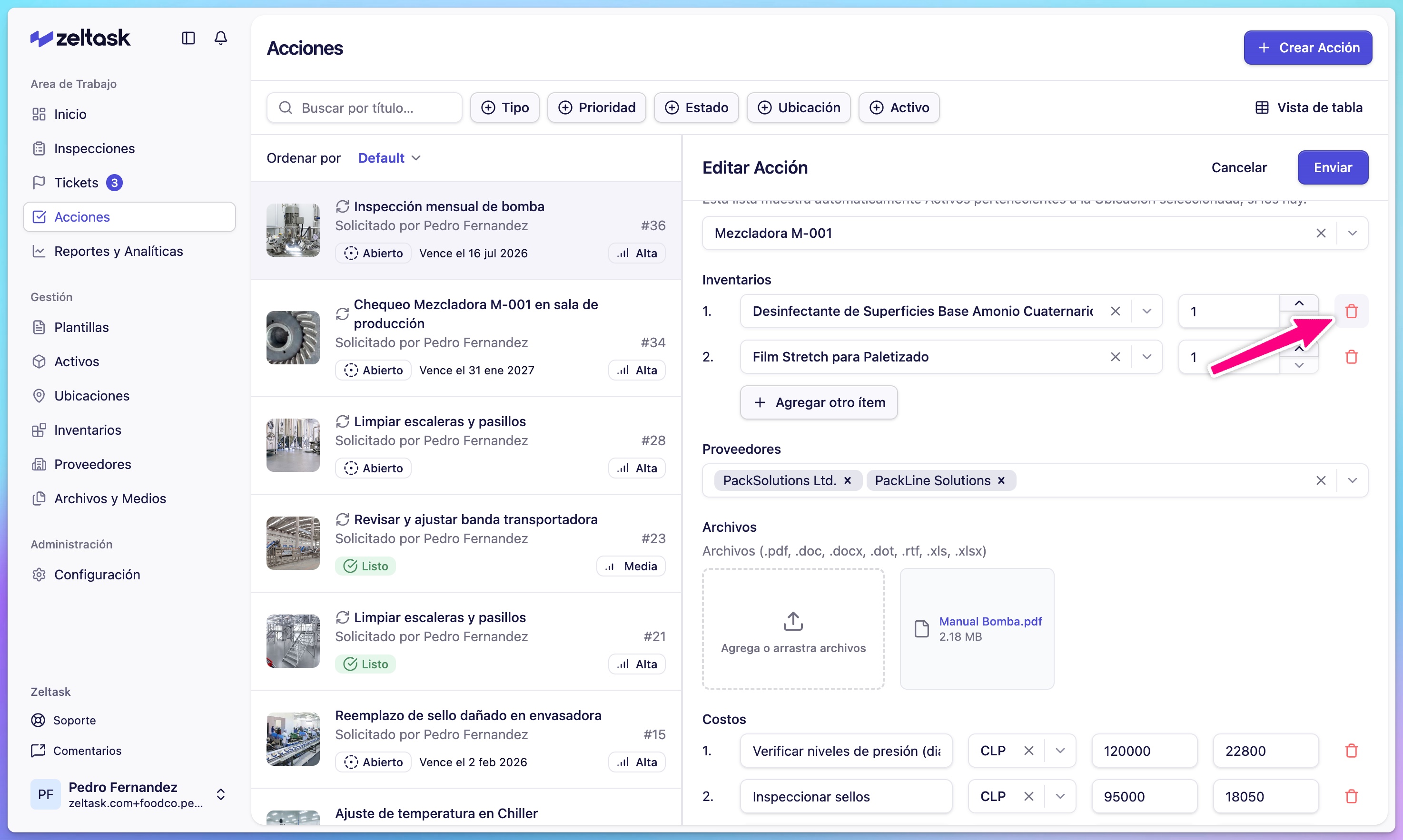 Edit action form with modified fields
